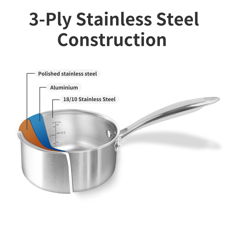 Macevia Sauce Pan With Glass Lid  Stainless Steel Pot With Stay-Cool Handle  Multipurpose Use For Home Kitchen Or Restaurant-Silver(1 Quart) - Image 3