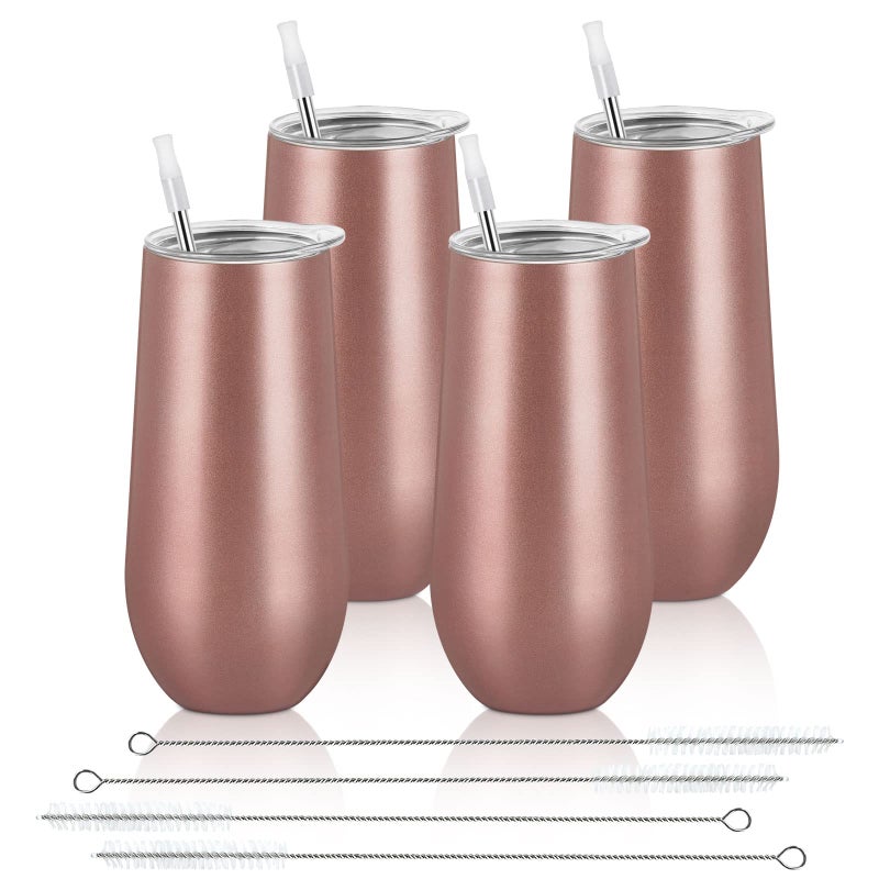 Lifecapido 4 Pack Stemless Champagne Tumblers 12oz Insulated Champagne Flutes with Lid Insulated Champagne Glass Champagne Flute Tumbler Great Gift for Birthday Party Wedding Christmas Rose Gold