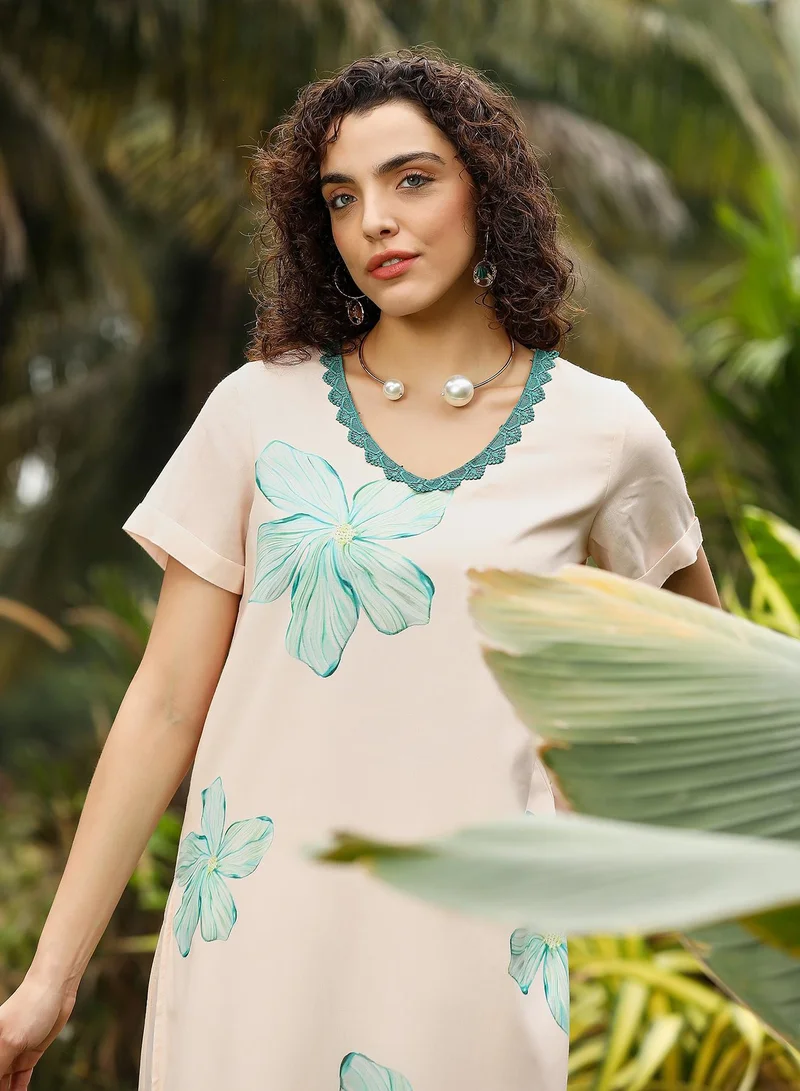  قصة طقم كورتا نسائي وردي ناعم وأخضر بحري من شانتيلي بلوم