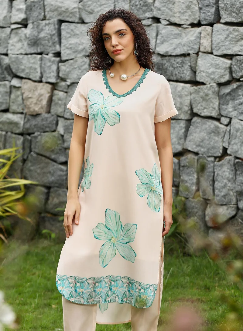 Qissa  Women's Soft Pink & Seagreen Chantilly Bloom Kurta Set for Women | Best Price UAE