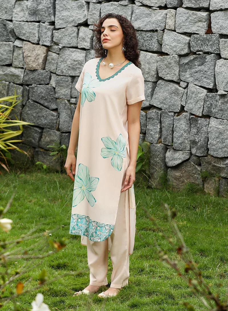 Qissa  Women's Soft Pink & Seagreen Chantilly Bloom Kurta Set for Women | Best Price UAE