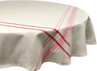DII 100% Cotton Everyday French Stripe Tabletop Collection, Tablecloth, 70" Round, Taupe/Red - Image 1