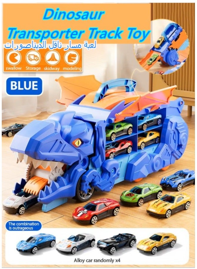 لعبة مسار نقل الديناصورات، لعبة شاحنة نقل الديناصورات، مجموعة شاحنة تخزين الديناصورات، سيارة سكة حديدية للأطفال يلتهم الديناصور، مجموعة مسارات سيارات ألعاب شاحنة نقل الديناصورات مع 4 سيارات سبائك، لعبة مسار نقل الديناصورات في المدينة للأطفال الصغار، شاحنة نقل الديناصورات مع 4 سيارات سباق مصبوبة، يمكن تحويلها إلى مركبة نقل ديناصورات مع مسار، هدايا للأولاد والبنات بعمر 2 و3 و4 و5 و6 و7 سنوات. - Image 1