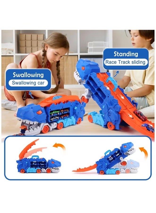 لعبة مسار نقل الديناصورات، لعبة شاحنة نقل الديناصورات، مجموعة شاحنة تخزين الديناصورات، سيارة سكة حديدية للأطفال يلتهم الديناصور، مجموعة مسارات سيارات ألعاب شاحنة نقل الديناصورات مع 4 سيارات سبائك، لعبة مسار نقل الديناصورات في المدينة للأطفال الصغار، شاحنة نقل الديناصورات مع 4 سيارات سباق مصبوبة، يمكن تحويلها إلى مركبة نقل ديناصورات مع مسار، هدايا للأولاد والبنات بعمر 2 و3 و4 و5 و6 و7 سنوات. - Image 3