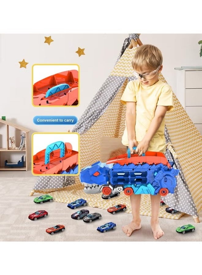 لعبة مسار نقل الديناصورات، لعبة شاحنة نقل الديناصورات، مجموعة شاحنة تخزين الديناصورات، سيارة سكة حديدية للأطفال يلتهم الديناصور، مجموعة مسارات سيارات ألعاب شاحنة نقل الديناصورات مع 4 سيارات سبائك، لعبة مسار نقل الديناصورات في المدينة للأطفال الصغار، شاحنة نقل الديناصورات مع 4 سيارات سباق مصبوبة، يمكن تحويلها إلى مركبة نقل ديناصورات مع مسار، هدايا للأولاد والبنات بعمر 2 و3 و4 و5 و6 و7 سنوات. - Image 4