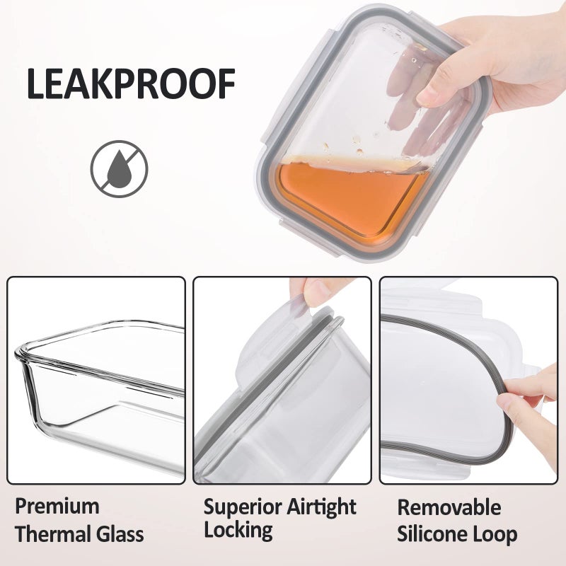 ROSOS Glass Food Storage Containers with Lids Airtight 6 Pack, Glass Storage Containers with Lids for Food, Not Easy Broken & Leak Proof, Oven/Dishwasher Safe, Grey - Image 3