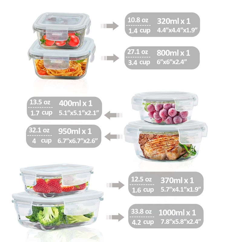 ROSOS Glass Food Storage Containers with Lids Airtight 6 Pack, Glass Storage Containers with Lids for Food, Not Easy Broken & Leak Proof, Oven/Dishwasher Safe, Grey - Image 2