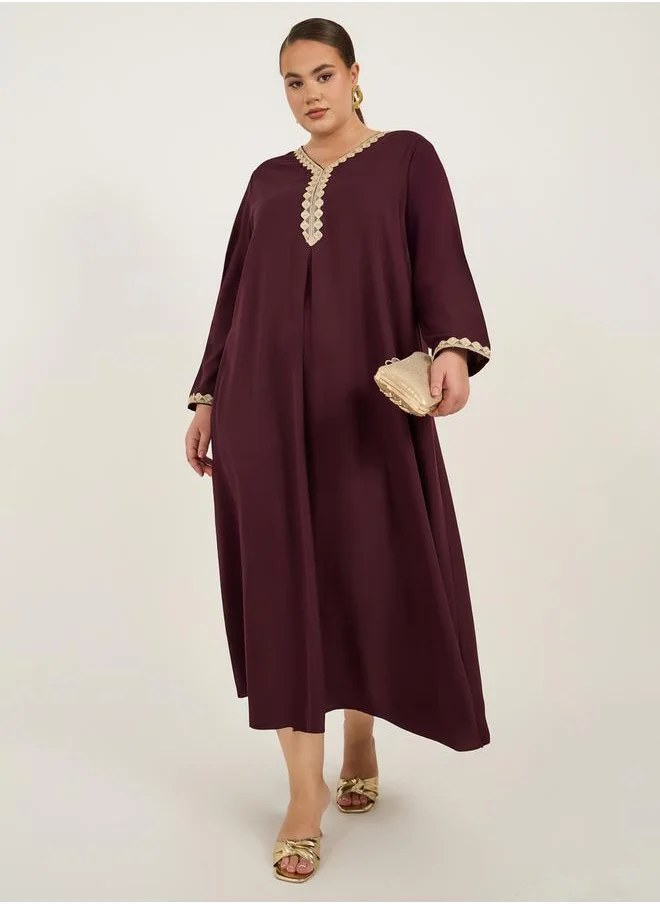 Styli Plus Size Lace Detail V Neck Flared Hem Jalabiya