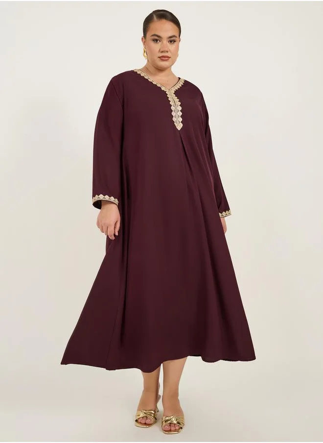 Styli Plus Size Lace Detail V Neck Flared Hem Jalabiya