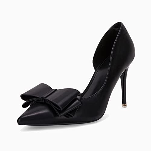 Coutgo Womens Bow Heels Closed Pointed Toe Dress Shoes Stiletto Slip on Wedding Pumps Black - Image 2