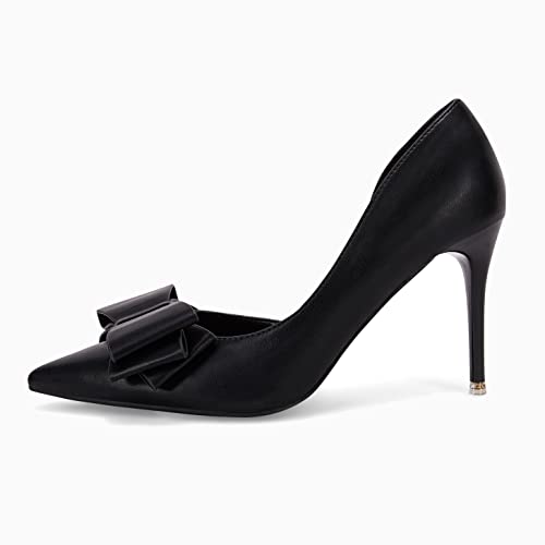 Coutgo Womens Bow Heels Closed Pointed Toe Dress Shoes Stiletto Slip on Wedding Pumps Black - Image 5