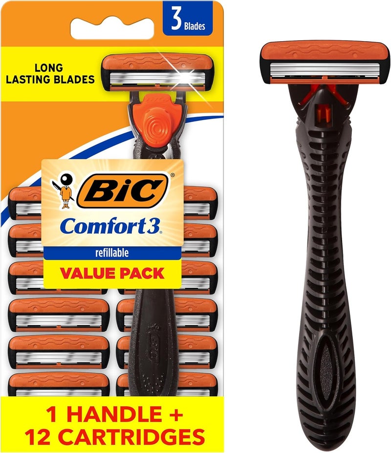 Bic Comfort 3 Refillable Three-Blade Disposable Razors for Men, Sensitive Skin Razor for a Comfortable Shave, 1 Handle and 12 Cartridges With 3 Blades, 13 Piece Razor Kit - Image 1