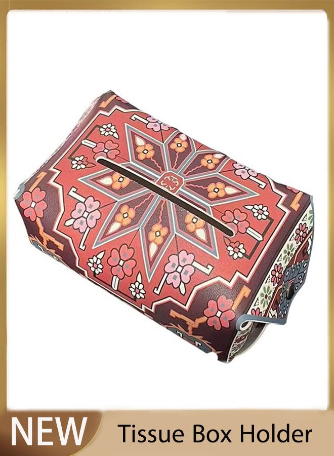 Tissue Box Holder Bohemian Ethnic Leather Tissue Holder Storage Box Portable Decorative Tissue Box for Home Office Bathroom Dressing Table - Image 1