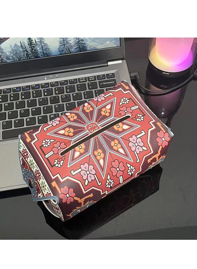 Tissue Box Holder Bohemian Ethnic Leather Tissue Holder Storage Box Portable Decorative Tissue Box for Home Office Bathroom Dressing Table - Image 3