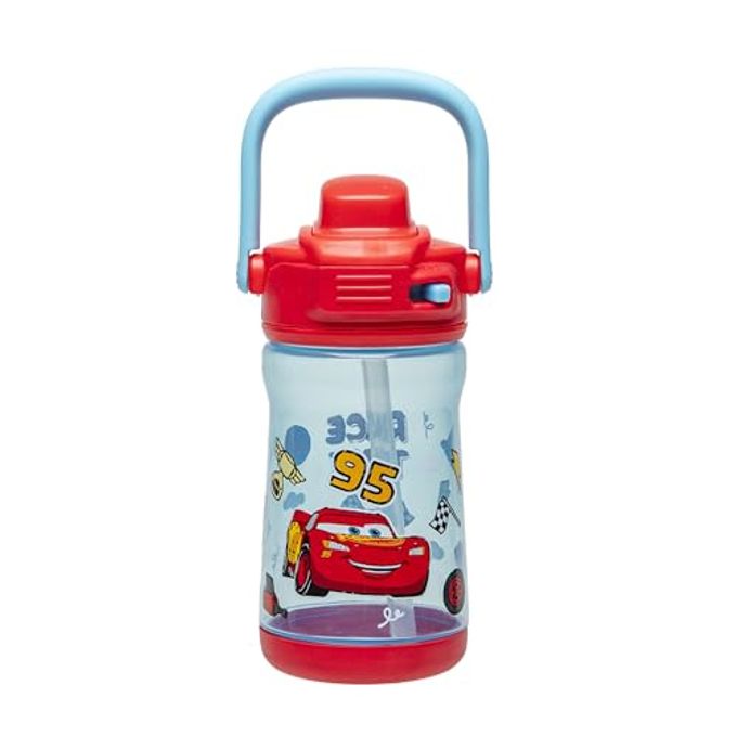 Zak Designs Disney Pixar Cars Beacon Kid Water Bottle for Travel or At Home, 12oz Plastic is Durable and Leak-Proof with Liquid Lock Spout, Cover, Carry Handle, Protective Base (Lightning McQueen) - Image 1