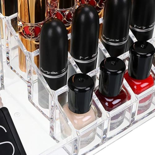Clazkit 16 Grid Makeup Organizer Drawer Desk Multipurpose Plastic Cosmetic Display Stand Brushes Lipstick Pencil Mascara Brush Hair Combs & Jewelry Storage Box Dressing Table Organizer,Transparent - Image 3