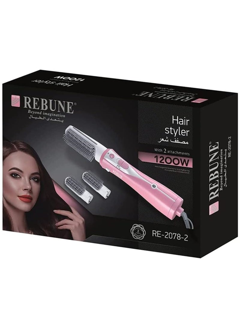 REBUNE Original 1200W Electric Hot Air Hair Straightener Brush Hair Dryer Styler Brush With 2 Attachment UAE Plug Pink/White - Image 1