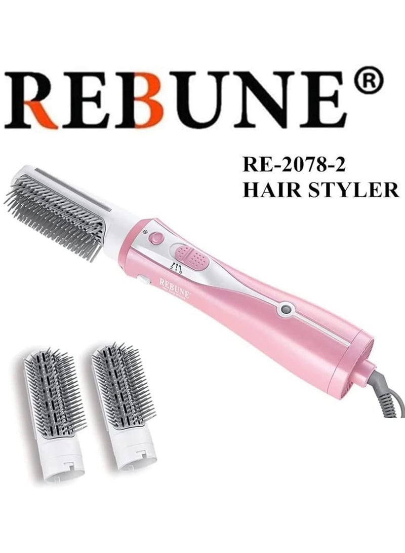 REBUNE Original 1200W Electric Hot Air Hair Straightener Brush Hair Dryer Styler Brush With 2 Attachment UAE Plug Pink/White - Image 3