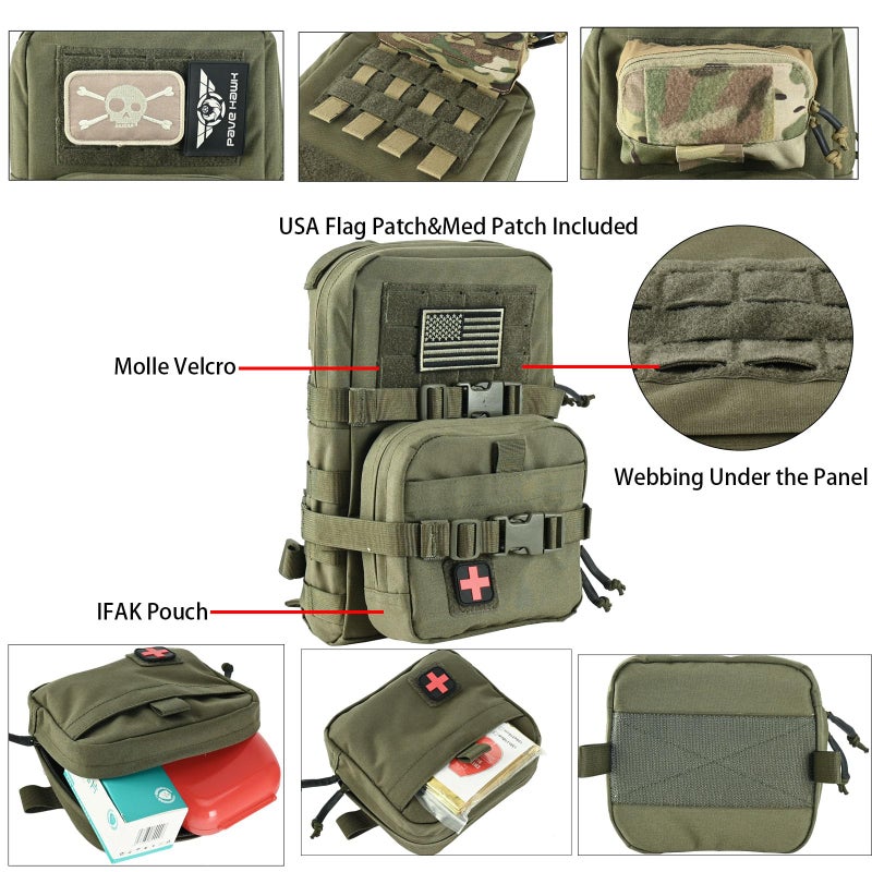 tactifans Tactical Mini Molle Hydration Pack,Molle Hydration Carrier with IFAK Pouch&US Flag&Med Patch,Hydropack for 2L Water Bladder (Ranger Green) - Image 3
