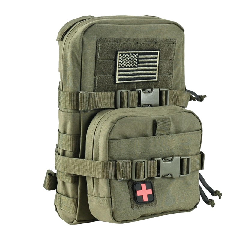 tactifans Tactical Mini Molle Hydration Pack,Molle Hydration Carrier with IFAK Pouch&US Flag&Med Patch,Hydropack for 2L Water Bladder (Ranger Green) - Image 1