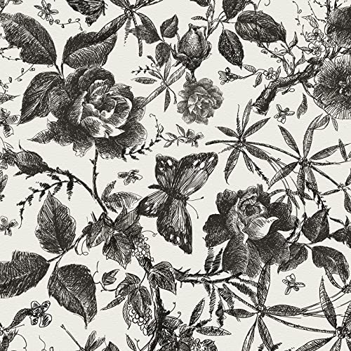 JiffDiff Floral Vintage Wallpaper Peel and Stick，Rose Wallpaper Removable Vinyl Wall Paper Sketch Floral Decor 15.8in x 394in - Image 1