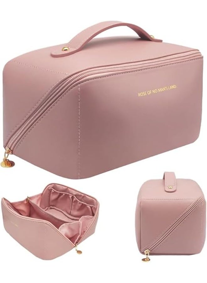 Leather Travel Makeup & Toiletry Bag, Large Capacity Organizer for Cosmetics, Open Flat Design (Assorted Colors) - Image 1