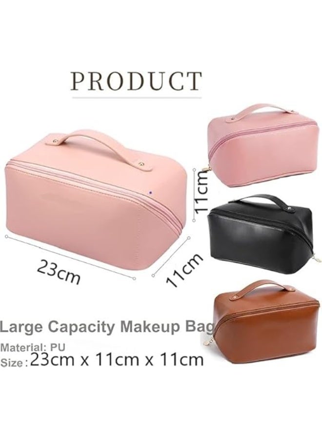 Leather Travel Makeup & Toiletry Bag, Large Capacity Organizer for Cosmetics, Open Flat Design (Assorted Colors) - Image 2