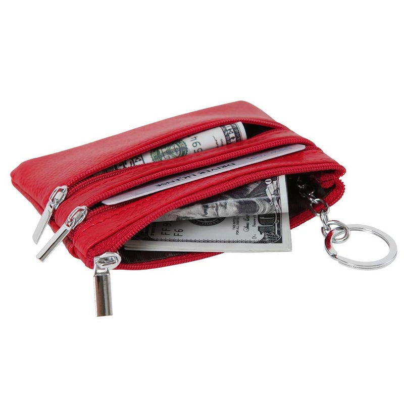 Cynure Women's Genuine Leather Coin Purse Mini Pouch Change Wallet with Keychain,red - Image 4