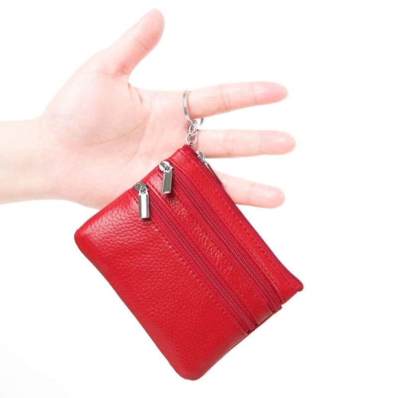Cynure Women's Genuine Leather Coin Purse Mini Pouch Change Wallet with Keychain,red - Image 2