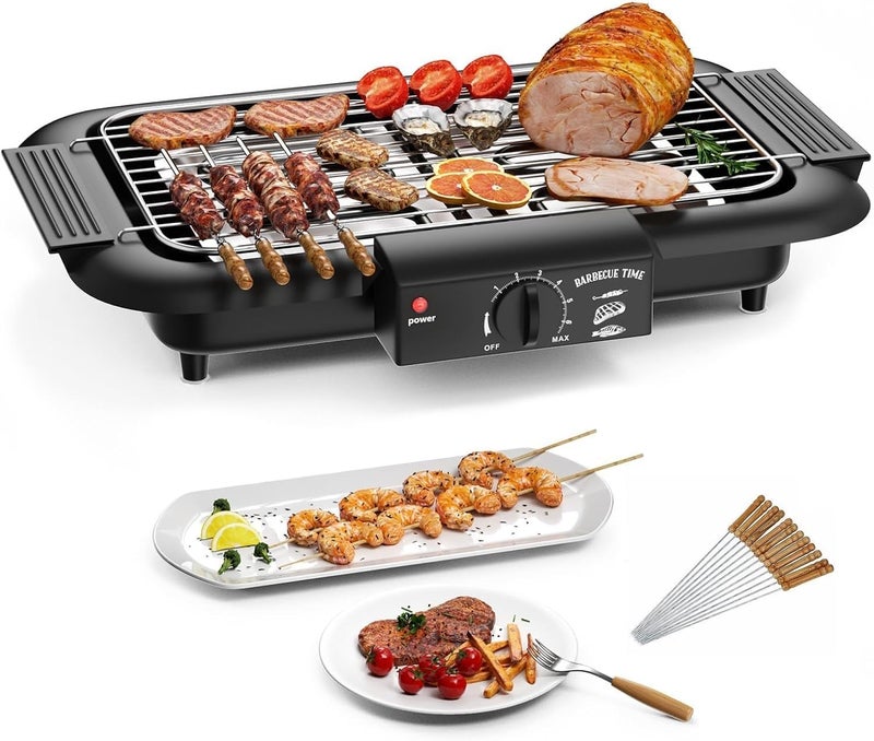 MBKOH 2000W Electric Smokeless Portable Adjustable Temperature Control IndoorOutdoor Barbeque Grill Set For Home Removable Water Filled Drip TrayBlackElectric Bbq With Skewers Free Standing - Image 1