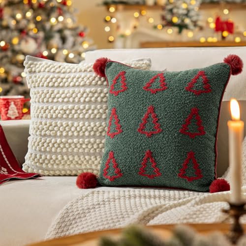 MOCOFO Christmas Throw Pillow Covers – Festive Boucle Embroidered Holiday Accent Cushions for Sofa Couch Bed Decor –18x18 Inch Square Designs (Covers Only) (Spruce) - Image 5