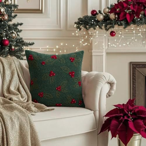 MOCOFO Christmas Throw Pillow Covers – Festive Boucle Embroidered Holiday Accent Cushions for Sofa Couch Bed Decor –18x18 Inch Square Designs (Covers Only) (Spruce) - Image 4