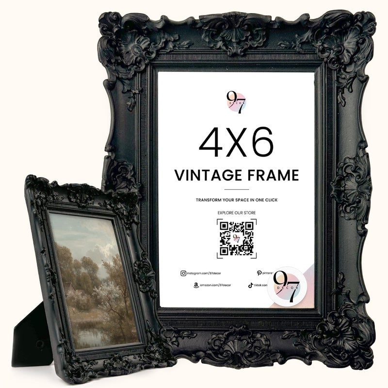 97 Decor Black Gothic Picture Frame 4x6 - Small Vintage Picture Frames 4x6  Ornate 4 X 6 Frame With Glass Front For Tabletop And Wall Hanging  Victorian Gothic Wall Decor - Image 1