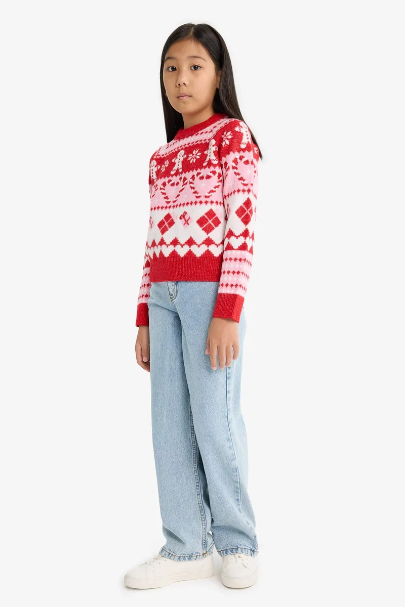ديفاكتو Girl Christmas Themed Regular Fit Crew Neck Pullover