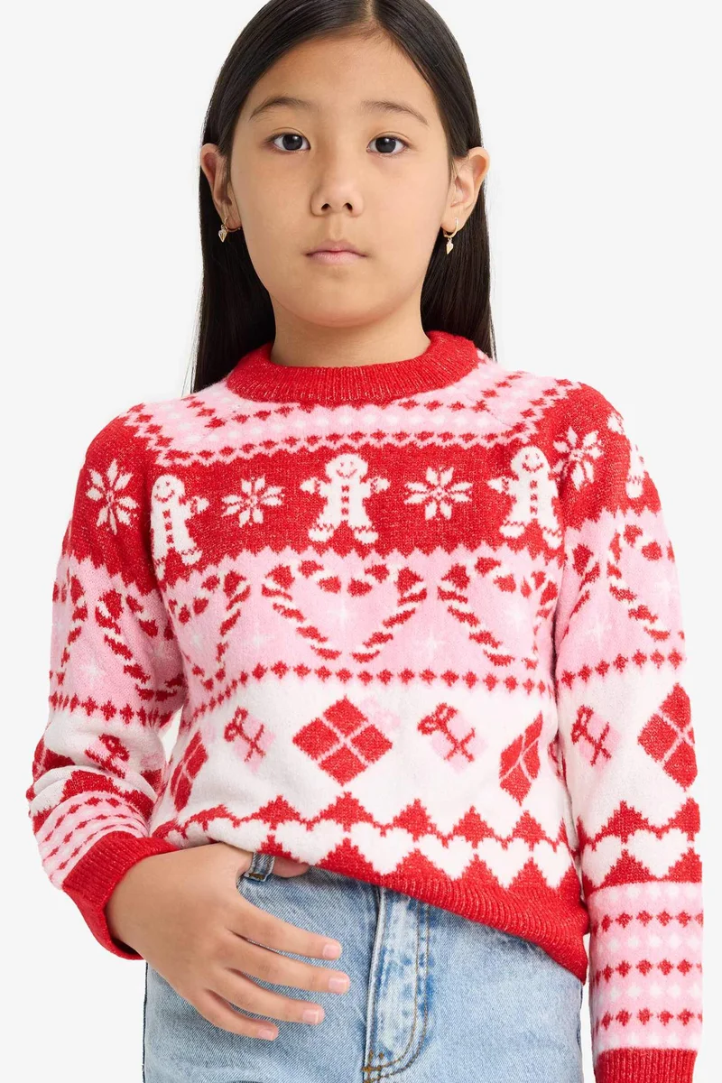 ديفاكتو Girl Christmas Themed Regular Fit Crew Neck Pullover