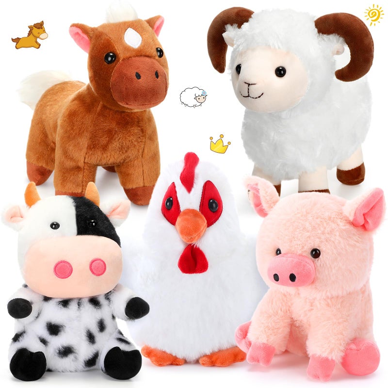 Skylety 5 Pack Farm Plush Animals Set 10 Inches Plush Farm Stuffed Animals Barnyard Soft Pig Rooster Horse Sheep Cow Stuffed Toy for Birthday Party Favor (Sitting Style) - Image 1