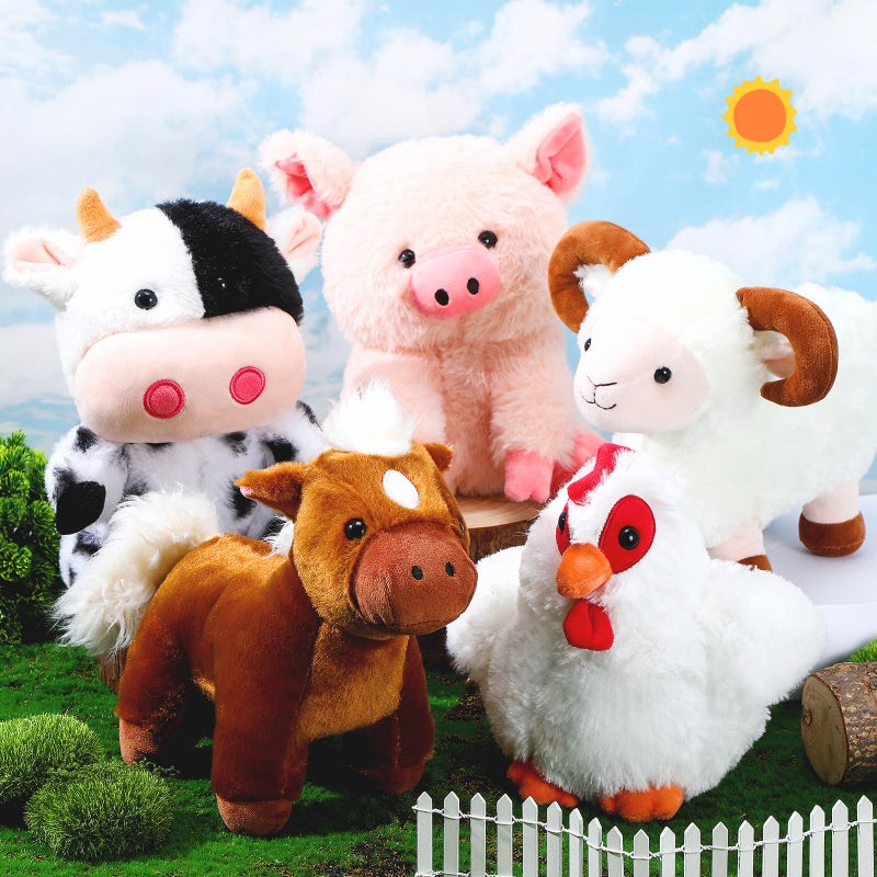 Skylety 5 Pack Farm Plush Animals Set 10 Inches Plush Farm Stuffed Animals Barnyard Soft Pig Rooster Horse Sheep Cow Stuffed Toy for Birthday Party Favor (Sitting Style) - Image 5