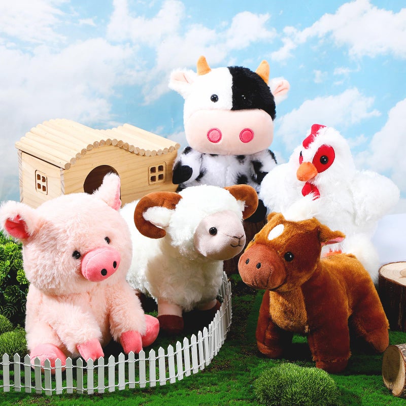 Skylety 5 Pack Farm Plush Animals Set 10 Inches Plush Farm Stuffed Animals Barnyard Soft Pig Rooster Horse Sheep Cow Stuffed Toy for Birthday Party Favor (Sitting Style) - Image 4