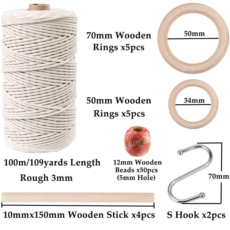 ZXCDINO 119pcs Macrame Kits for Starter 3mm x 109Yards Natural Cotton Macrame Cord with 100pcs Wooden Beads,10pcs Wooden Rings,Wooden Sticks,Metal Rings,S Hooks Macrame Supplies for Plant Hangers - Image 2