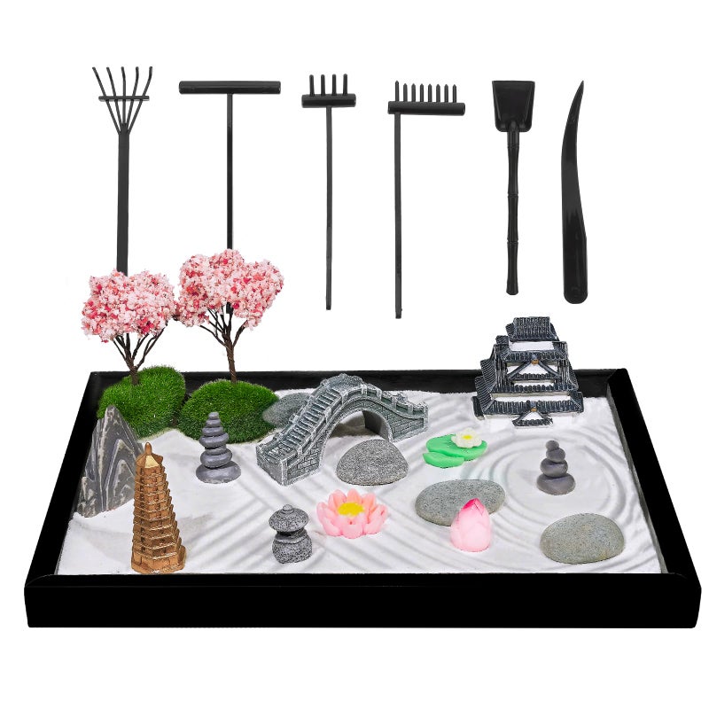 Bbiamsleep Zen Garden Kit for Desk 98 x 7 Inch Mini Zen Sand Garden with 6 Tools 23 Accessories for Home Office Desktop Japanese Decor - Image 3