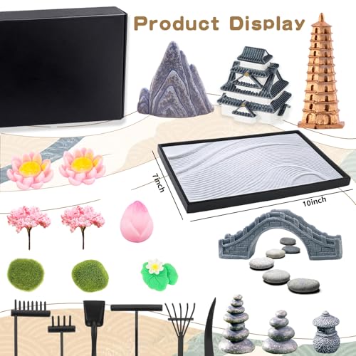 Bbiamsleep Zen Garden Kit for Desk 98 x 7 Inch Mini Zen Sand Garden with 6 Tools 23 Accessories for Home Office Desktop Japanese Decor - Image 5
