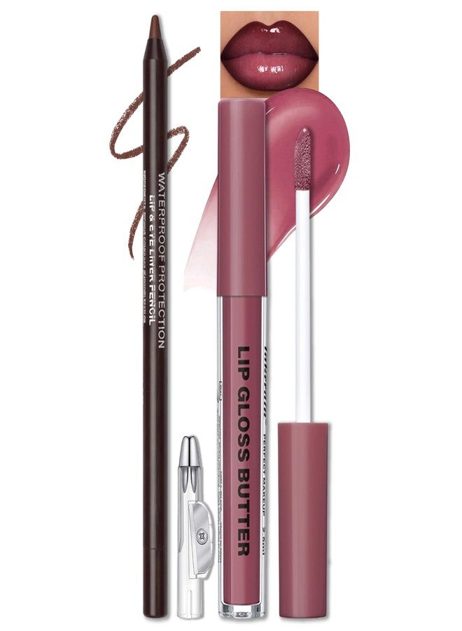 Erinde Lip Liner and Gloss Set, Nourishing Lip Gloss & Brown Lip Liner Combo Sets, Non-Sticky Plumping Lip Kit for Women, Lightweight Long Wear, Natural Nude Tinted Lip Glow Oil, SET F - Image 1
