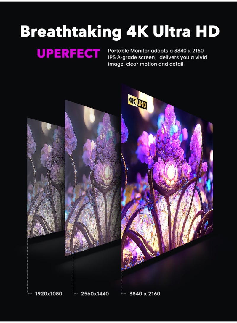 UPERFECT 4K UHD 17.3" Portable Monitor 3840 x 2160 Display 500cd/m² USB C Mini HDMI for Laptop PC Smartphone XBO Switch PS4/5, Metal Body, Portable Screen VESA Mountable - Image 2