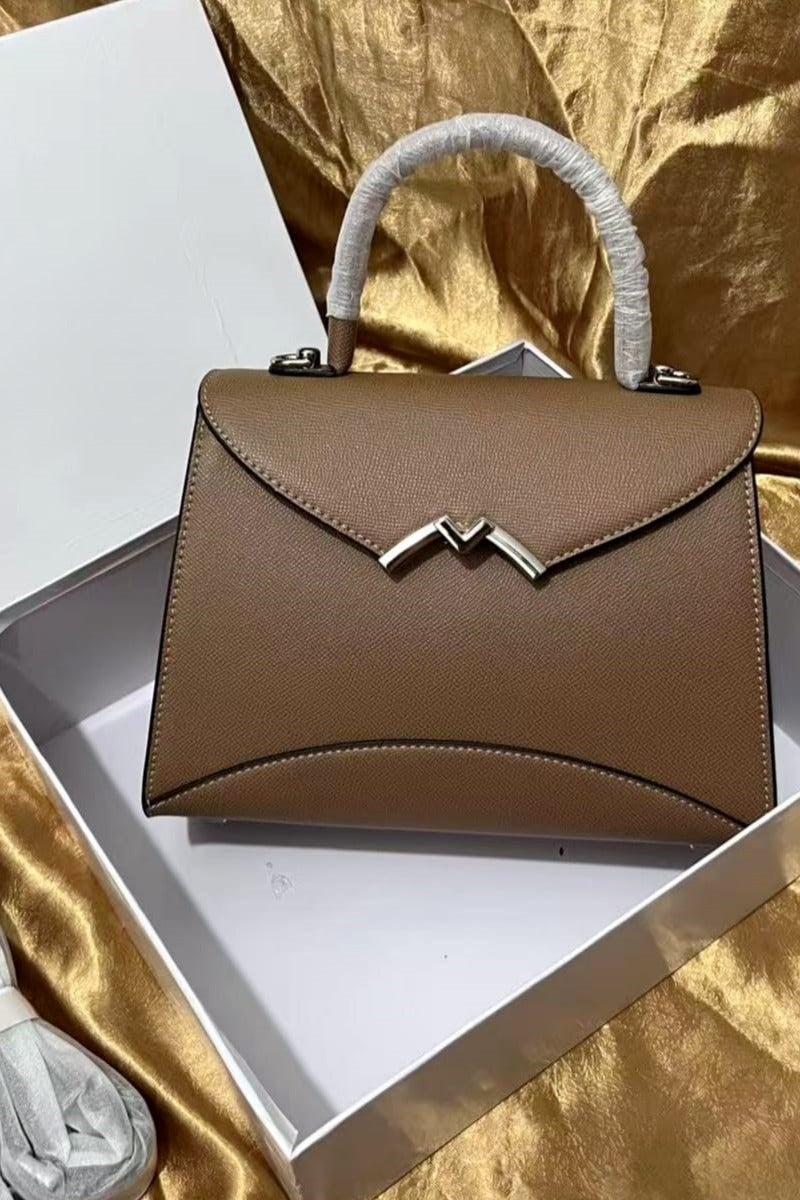 Taupe/Brown Structured Top-Handle Handbag with Silver-Tone Hardware 