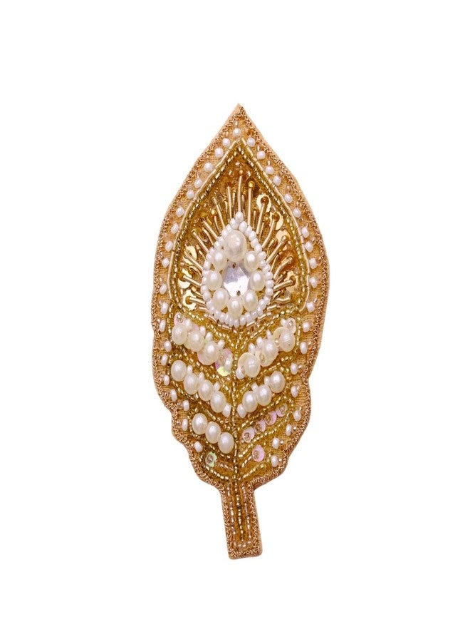 Abeo Handcrafted Pearl Beaded Peacock Tail Brooch, 5-6 cm, Gold and White - Image 2