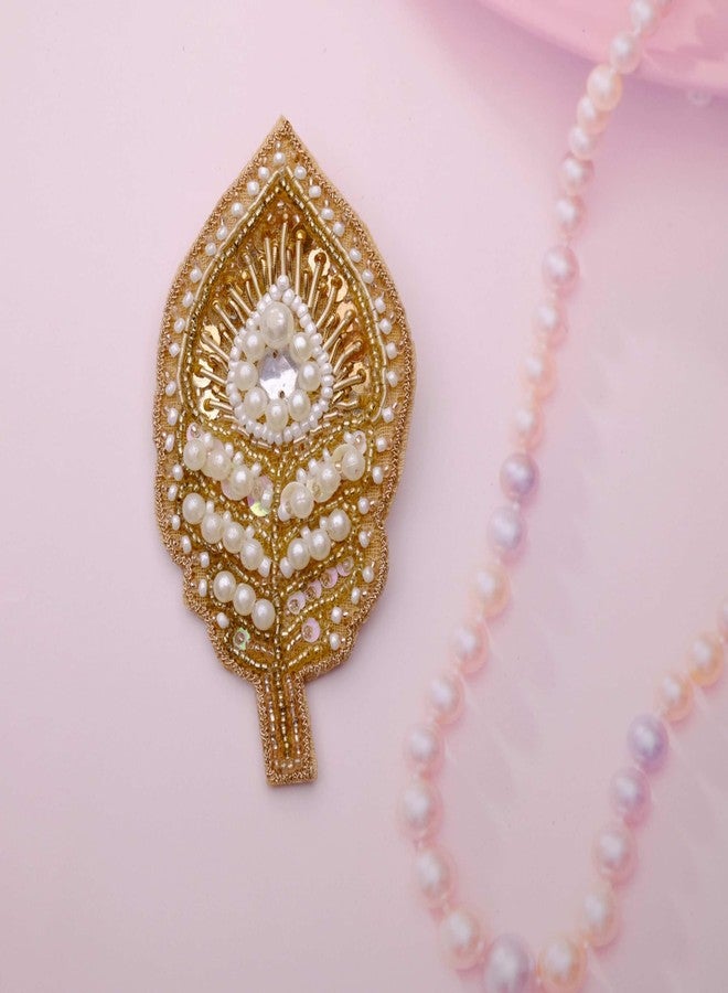 Abeo Handcrafted Pearl Beaded Peacock Tail Brooch, 5-6 cm, Gold and White - Image 3