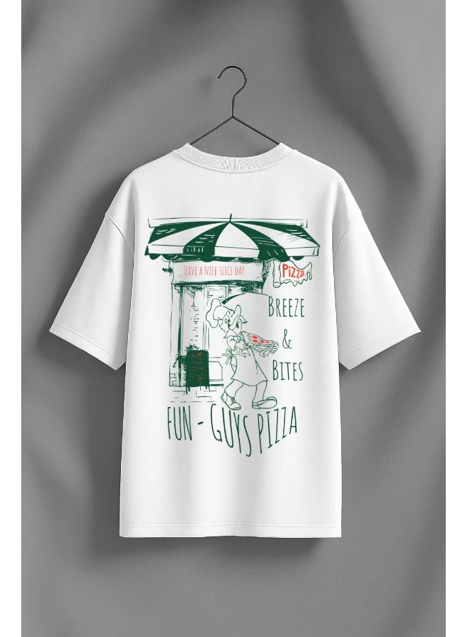 جونبيري JUNEBERRY® Women’s Pure Cotton Drop Shoulder Printed T-Shirt | Oversized Baggy Fit Half Sleeve Round Neck Graphic Tee | OS_JB_PIZA_WT_L