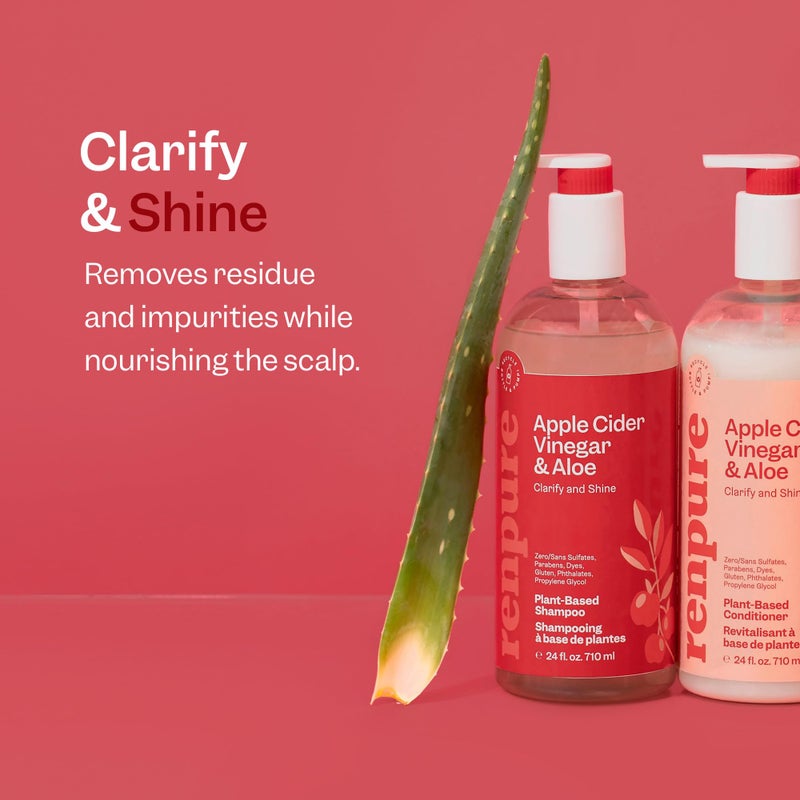 Renpure Apple Cider Vinegar & Aloe Shampoo, Plant-Based â€“ Clarifies, Removes Residue and Nourishes for Shiny, Healthy Hair â€“ For Dull Hair - Apple Cider Vinegar, Aloe Leaf Juice â€“ 24 Fl Oz - Image 2