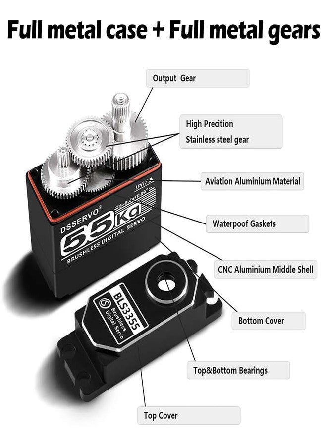 Wishiot 55kg Brushless Servo High Speed RC Digital Servo Waterproof IP67 Full Metal High Torque Servo for 1/8 1/10 RC Car Crawler (BLS3355) 180° - Image 2