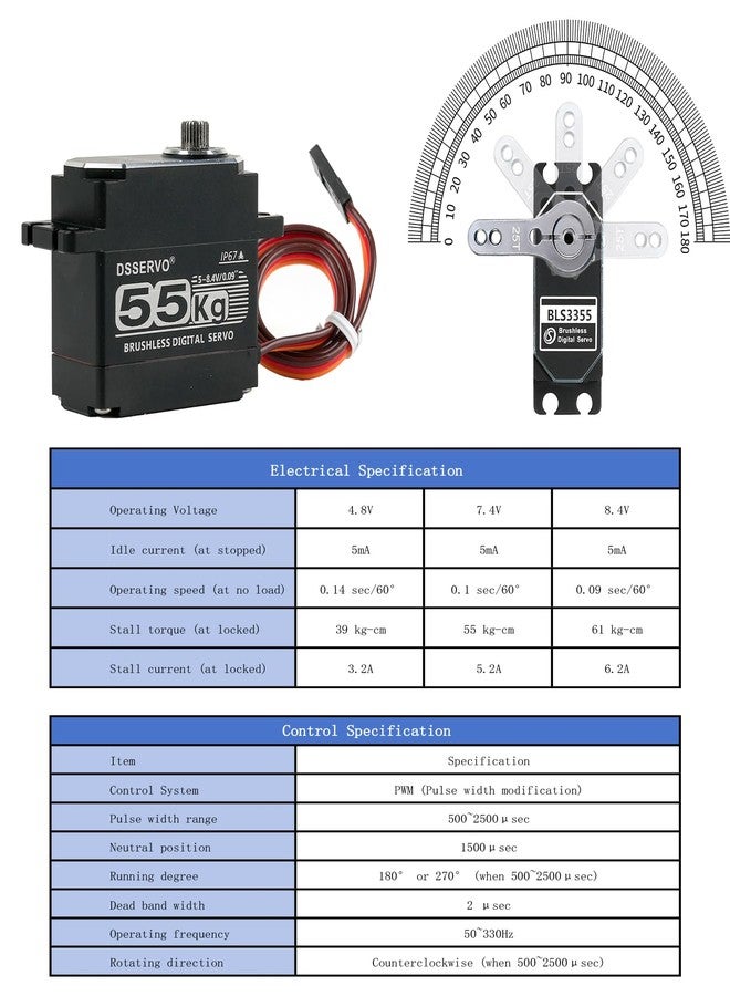 Wishiot 55kg Brushless Servo High Speed RC Digital Servo Waterproof IP67 Full Metal High Torque Servo for 1/8 1/10 RC Car Crawler (BLS3355) 180° - Image 5
